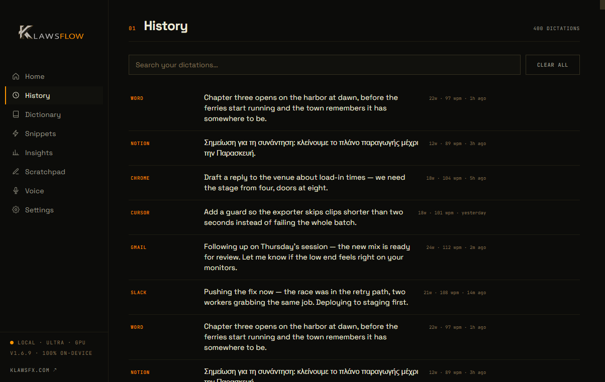 Dictation history with per-app entries, word counts and WPM