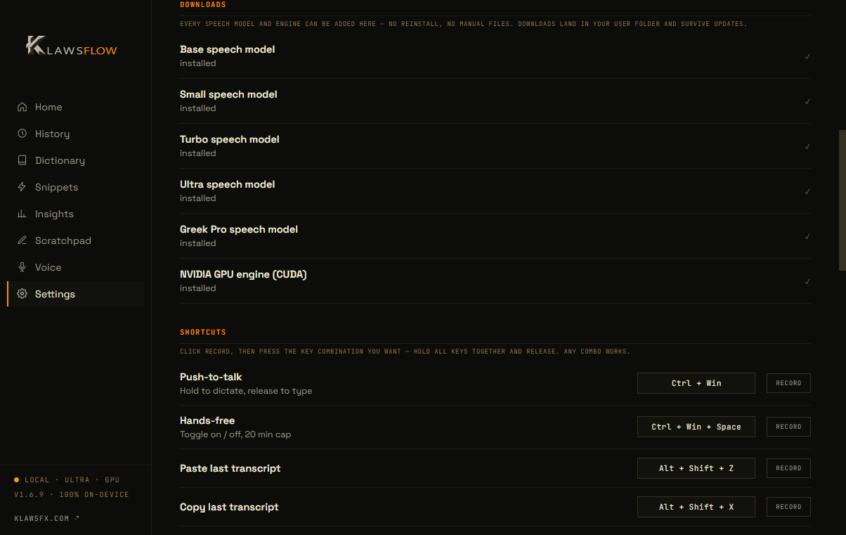 Downloads settings listing speech models including Greek Pro and the NVIDIA CUDA engine